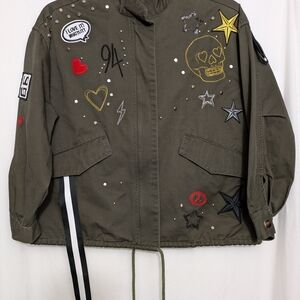 Scripted Olive Green Utility Jacket Embroidered Patches Studded XS
